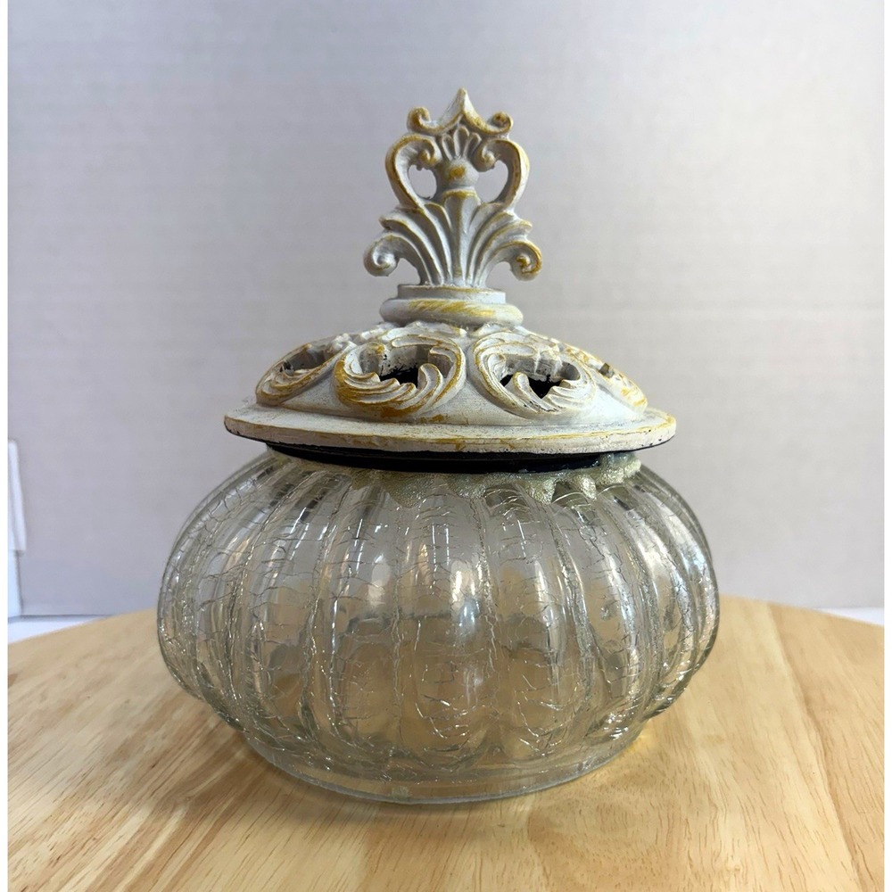 Crackle Clear Glass Round Jar Open Bottom Ornate White & Gold Metal Lid 6.5 in